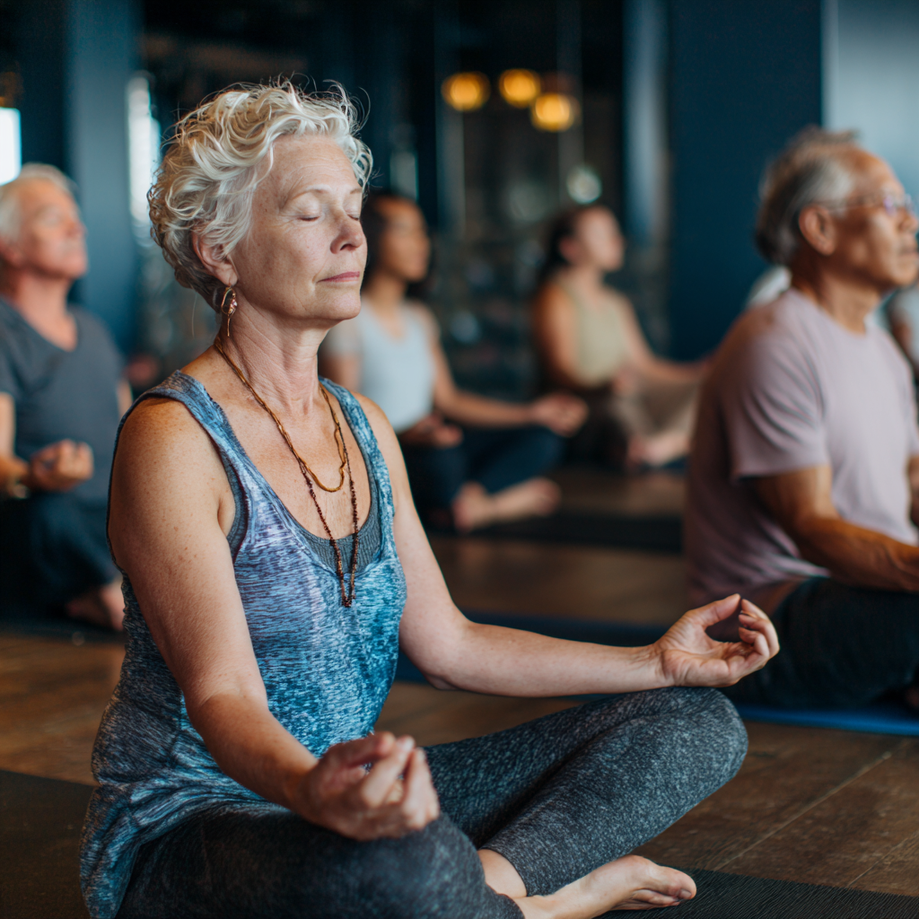 Experienced yoga instructor guiding mature adults in gentle practice