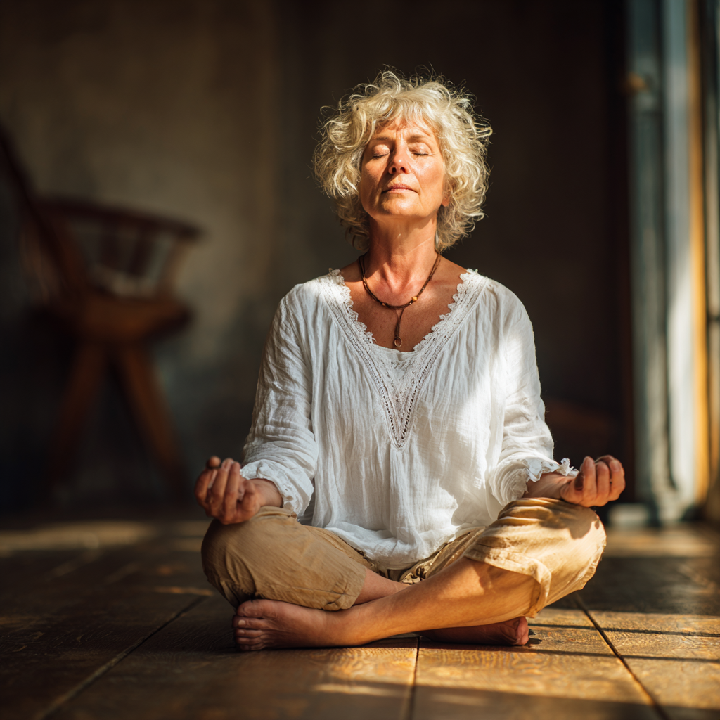 Peaceful mature woman practicing meditation in serene environment