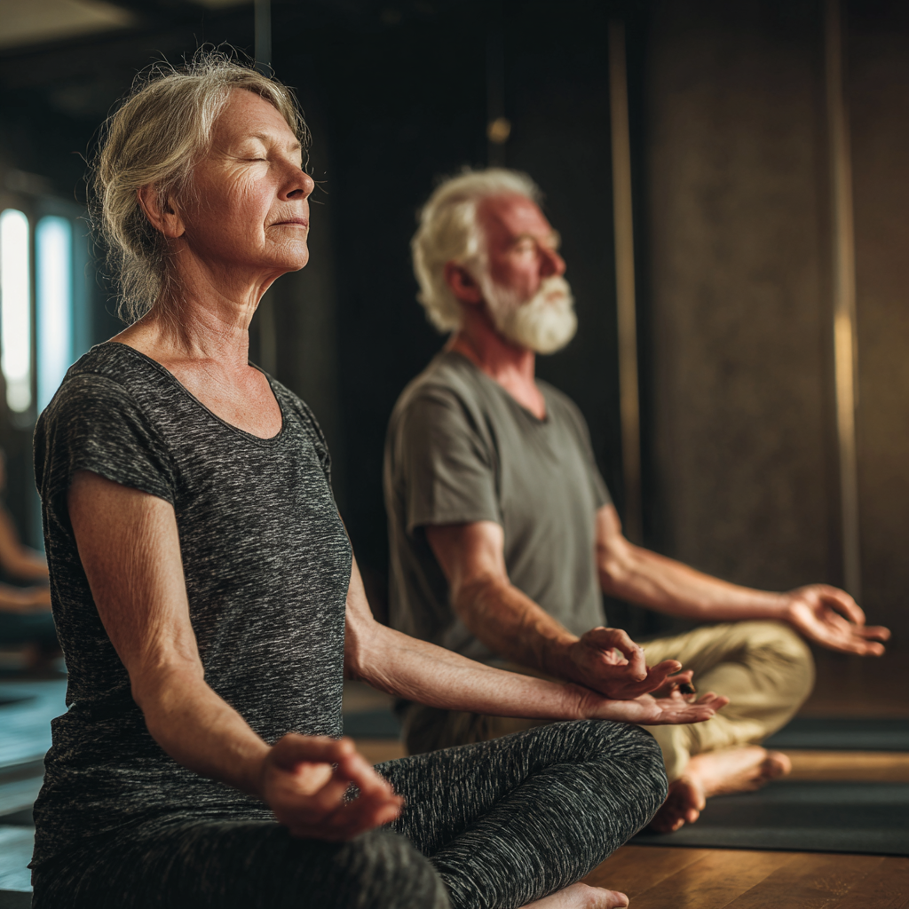 Peaceful yoga studio with mature practitioners in meditation